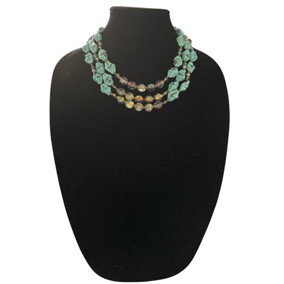 Antique Art Deco Faux Turquoise Glass AB Faceted Triple Strand Necklace RARE - Picture 11 of 11